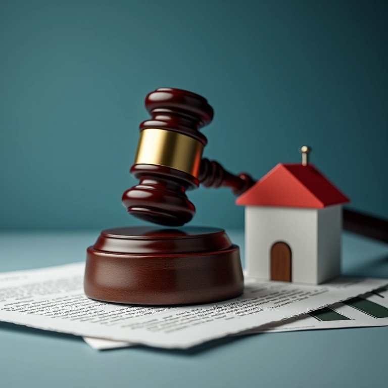 Martelo batendo em um bloco com uma miniatura de casa, documentos ao redor, ícone de cadeado seguro sobreposto.