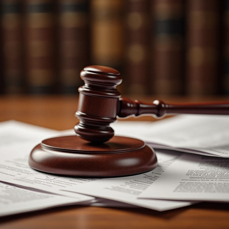 Martelo de juiz batendo, documentos espalhados, representando a possibilidade de anulação da delação.