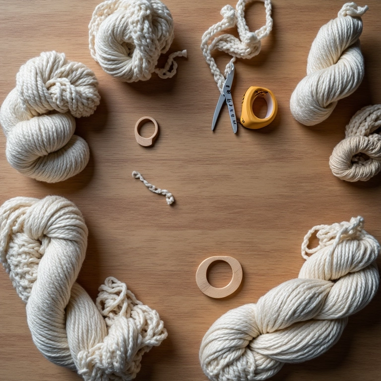 Materiais essenciais para macramê dispostos sobre mesa de madeira.
