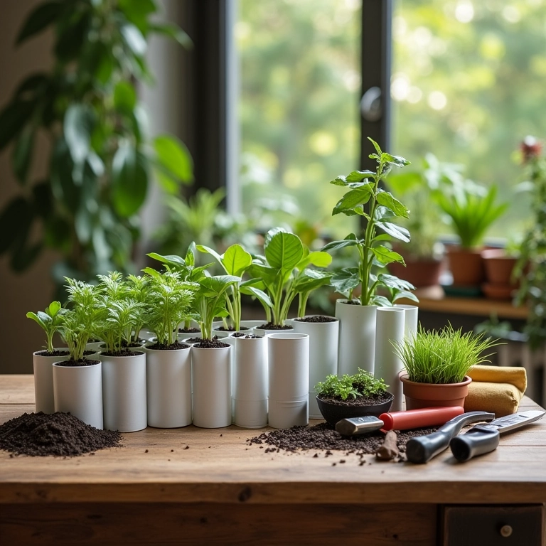 Materiais essenciais para montar sua horta vertical de cano de PVC organizados sobre uma mesa de madeira.