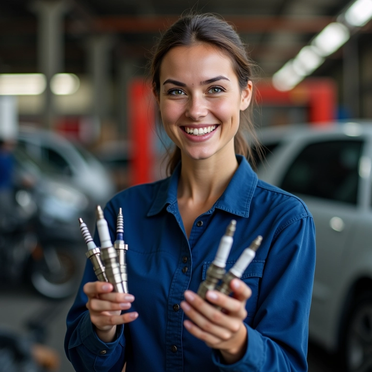 Mecânica sorrindo e dando dicas sobre velas de iridium em oficina.