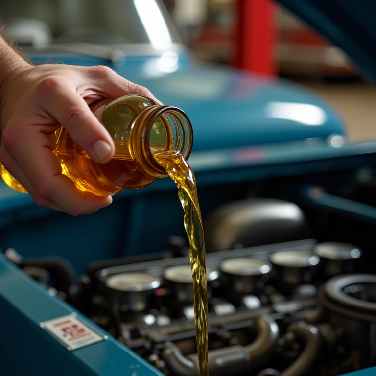 Mecânico adicionando óleo mineral em motor de carro antigo.