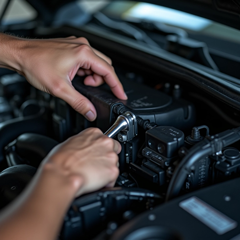 Mecânico ajustando a rotação do motor de um carro de corrida.
