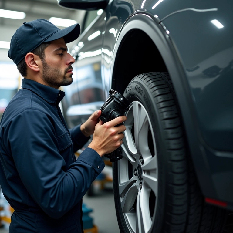 Mecânico ajustando alinhamento de carro em elevador, buscando o equilíbrio.