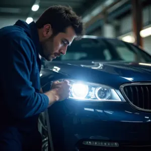 Mecânico ajustando faróis de carro em garagem iluminada.