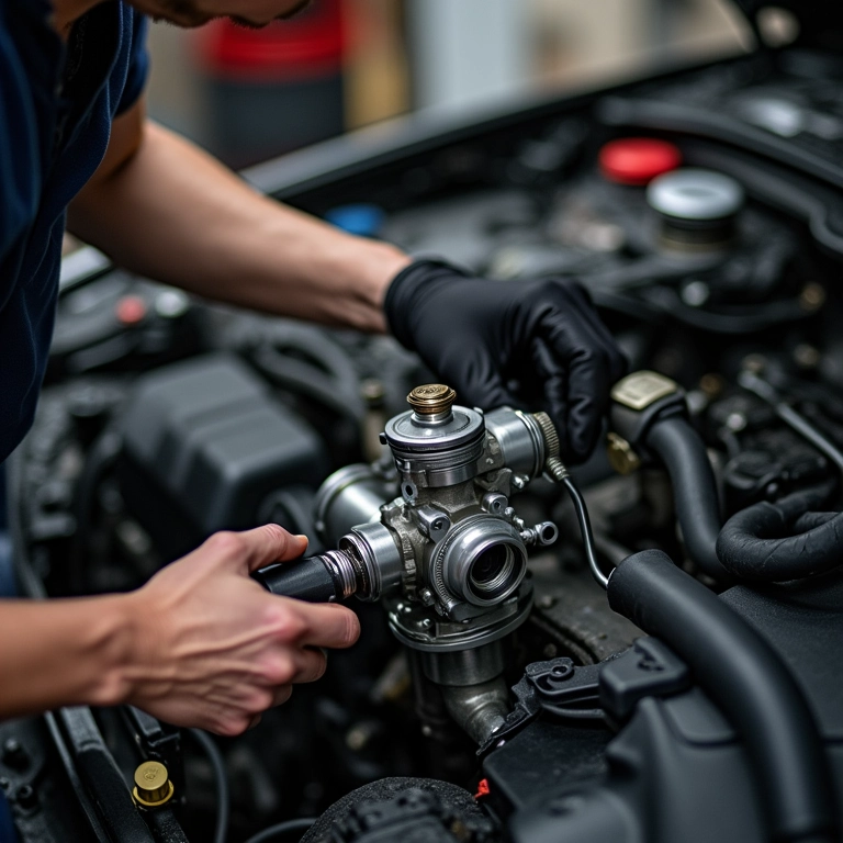 Mecânico ajustando o carburador com ferramentas, diagnosticando problemas.