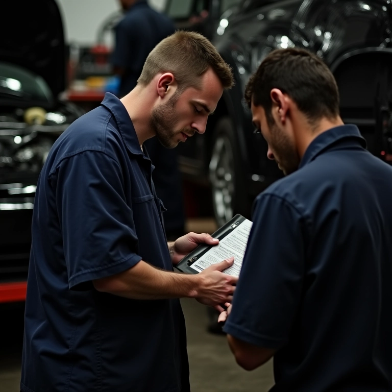 Mecânico amador consultando manual antes de trocar óleo do câmbio.