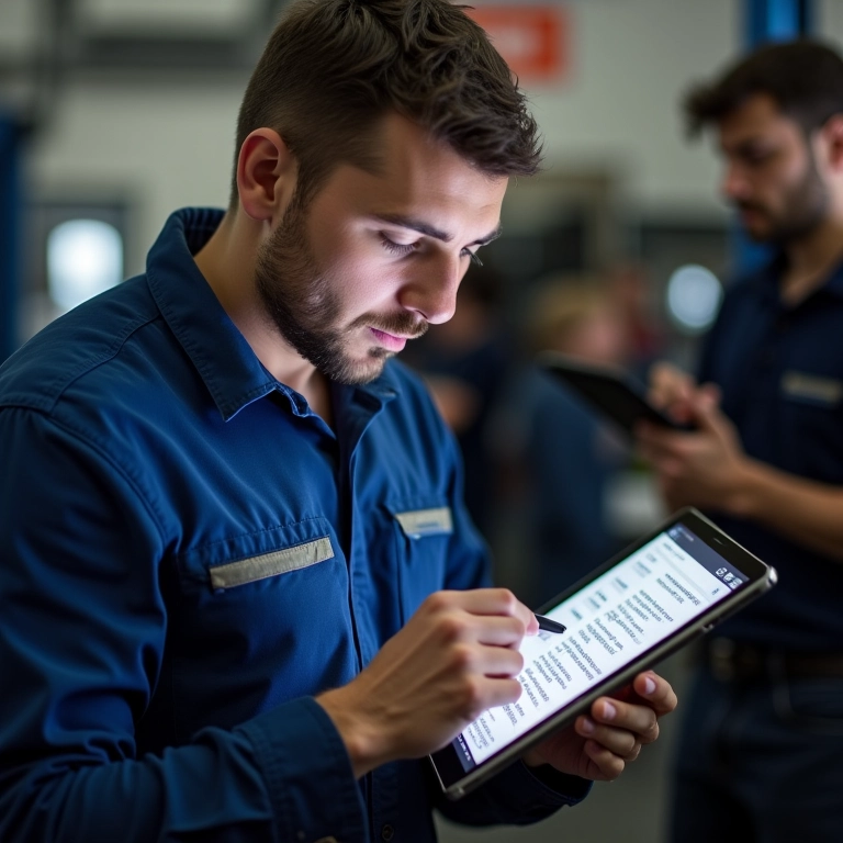Mecânico analisando avaliações online em um tablet na frente da oficina.