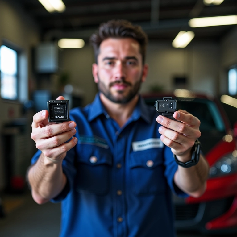 Mecânico apresentando diferentes tipos de sensores PS10 para vários modelos de carros.