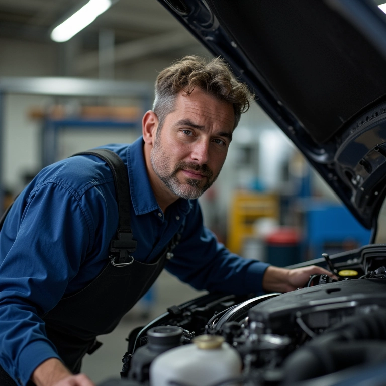 Mecânico atento aos ruídos do motor, investigando possível problema no coxim.