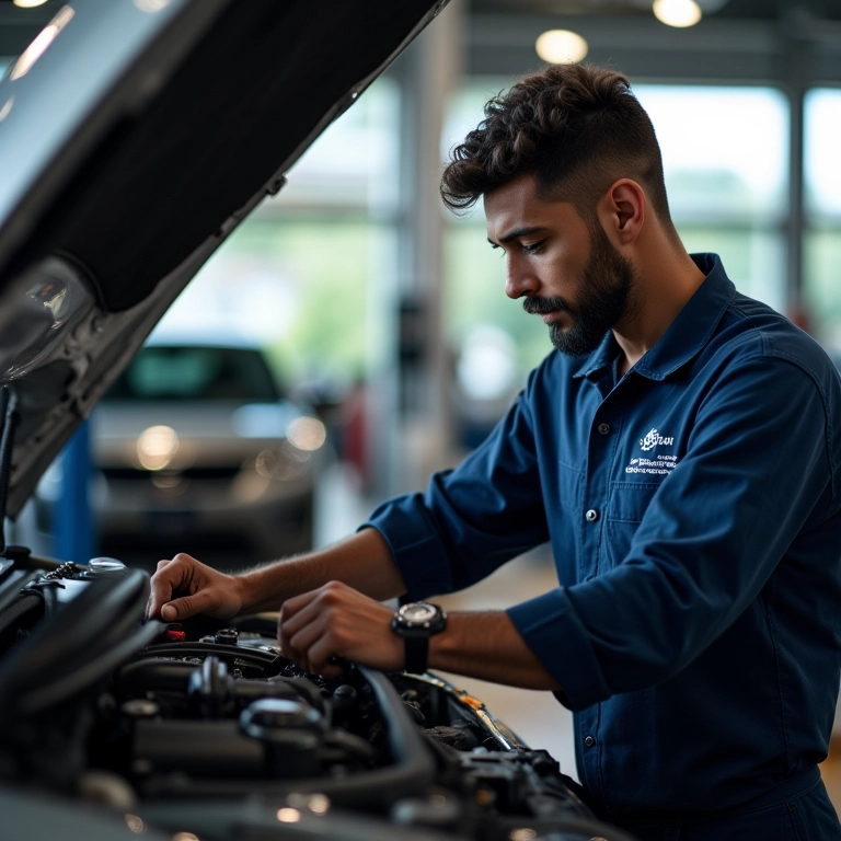 Mecânico certificado realizando a primeira revisão em oficina autorizada.