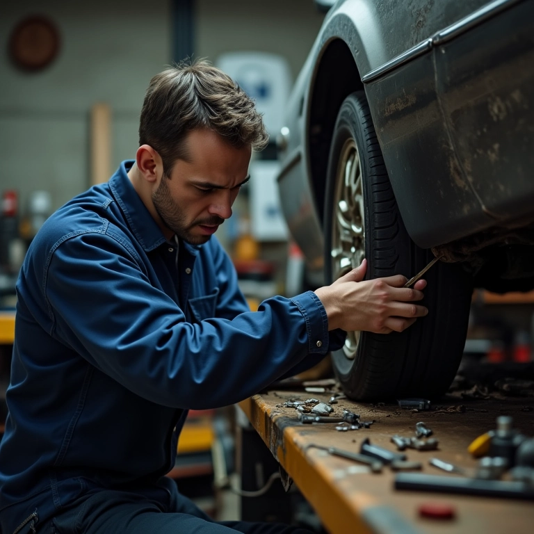 Mecânico com dificuldades na instalação incorreta da bieleta.