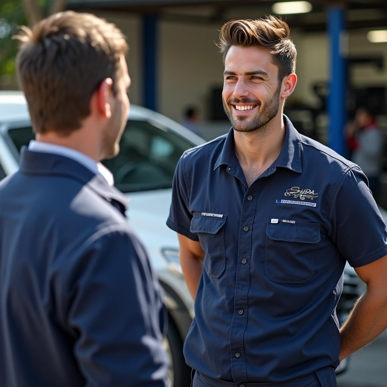 Mecânico confiável conversando com cliente em frente à oficina.