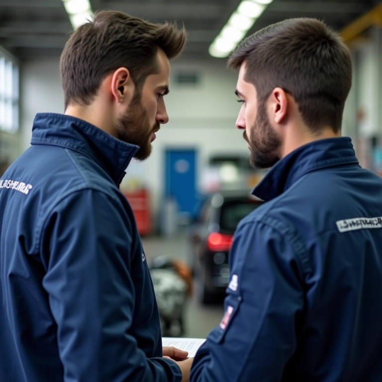 Mecânico consultando o manual do carro para a troca de óleo.