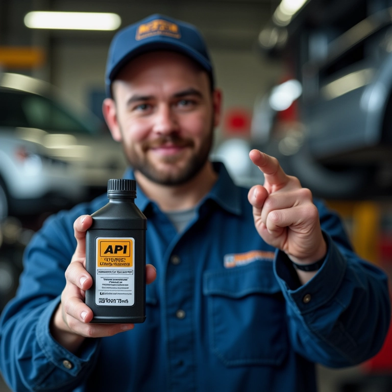 Mecânico demonstra a norma API em um frasco de óleo de motor.