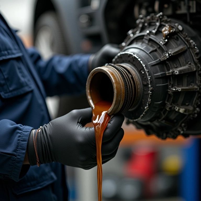 Mecânico drenando óleo velho de câmbio manual.