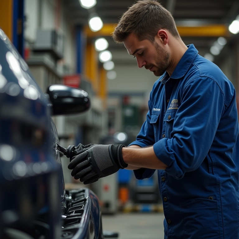 Mecânico examinando barras anti-torção para carro.