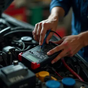 Como Usar o Multímetro Automotivo: Guia Para Iniciantes Mecânico examinando motor de carro com multímetro.