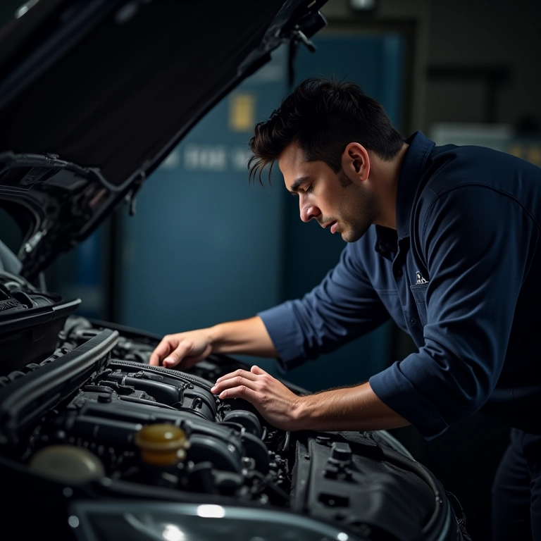 Mecânico examinando motor de carro com problemas.