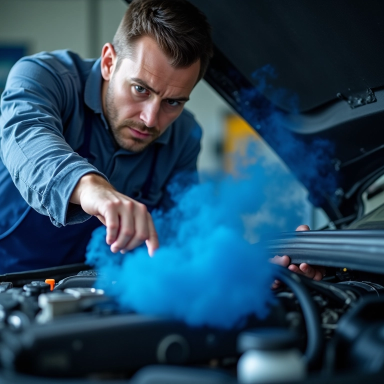 Mecânico examinando motor fumando azul.