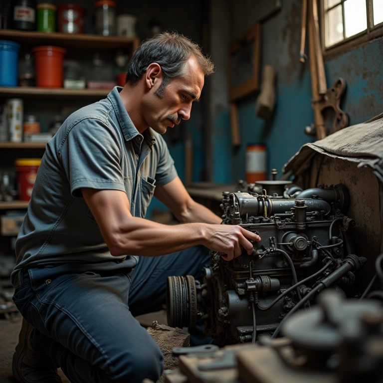 Mecânico experiente trabalhando em motor de carro antigo em oficina brasileira.