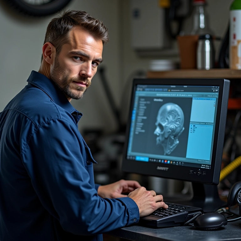 Mecânico experiente usando scanner profissional.