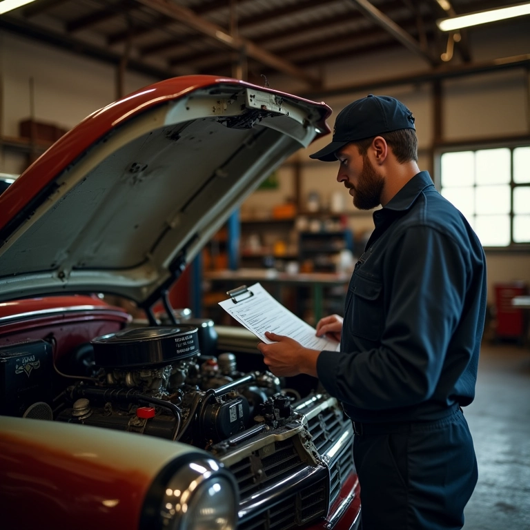 Mecânico explicando componentes do motor de carro antigo com lista de verificação.