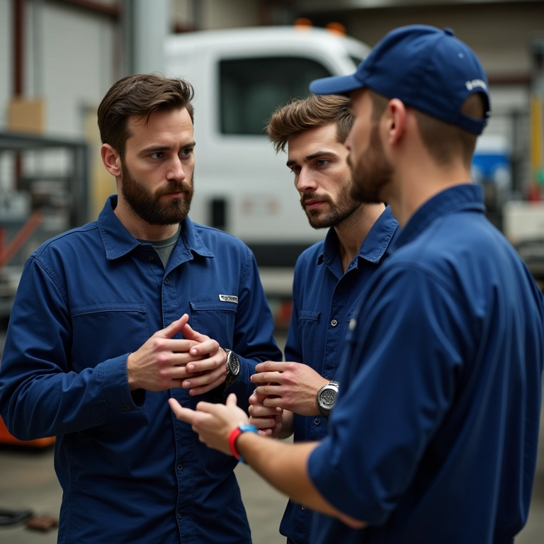 Mecânico explicando detalhes do reparo para um cliente.