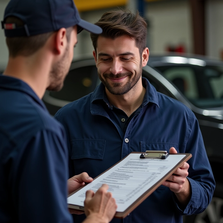 Mecânico explicando orçamento detalhado para cliente.