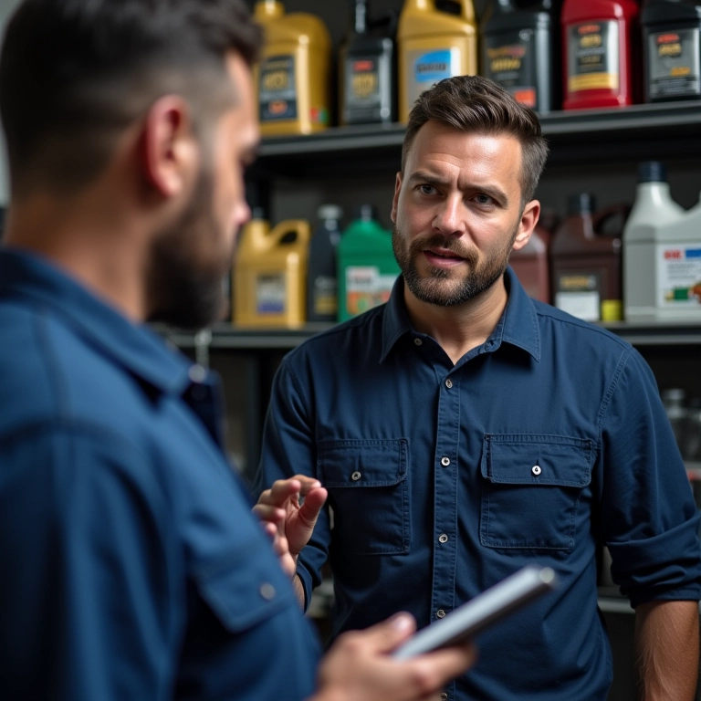 Mecânico explicando sobre óleos para proprietário de carro.