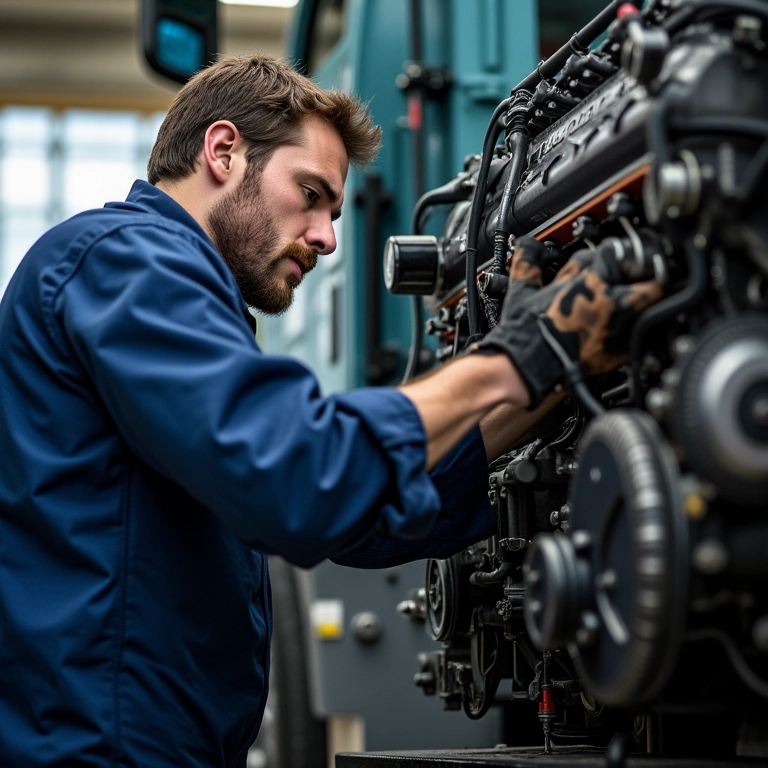 Mecânico fazendo a manutenção de um motor a diesel.