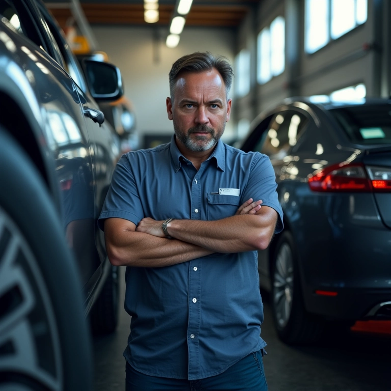 Mecânico fazendo uma avaliação profissional de um carro.