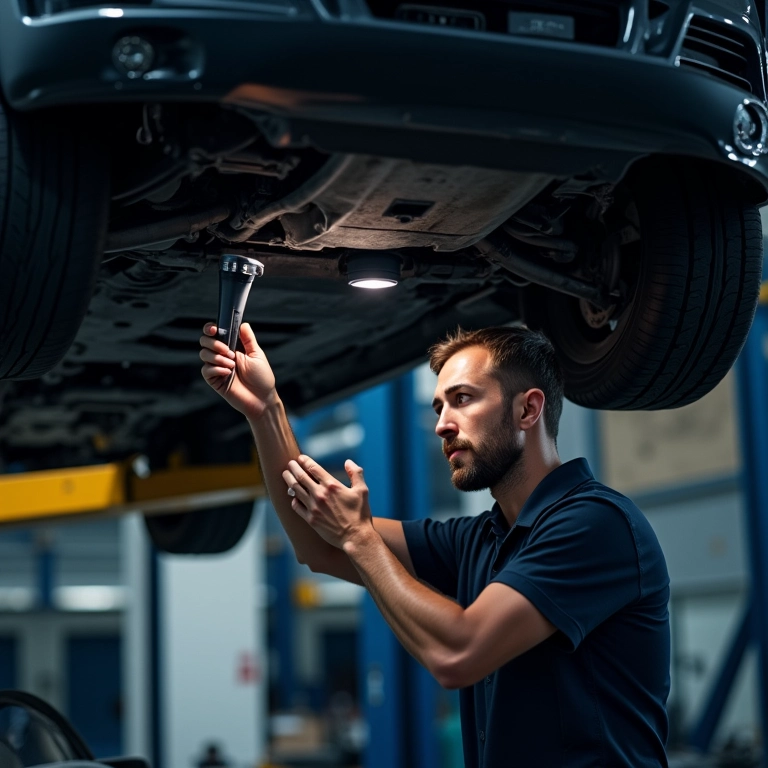 Mecânico inspecionando a parte inferior de um carro novo elevado em uma plataforma.