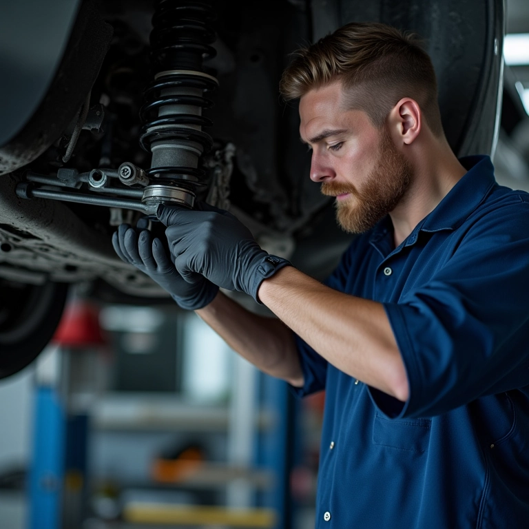 Mecânico inspecionando a suspensão de um carro.
