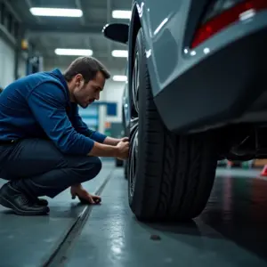 Cambagem de Pneus Traseiros: Quando é Necessária? Mecânico inspecionando alinhamento do pneu traseiro de um carro.