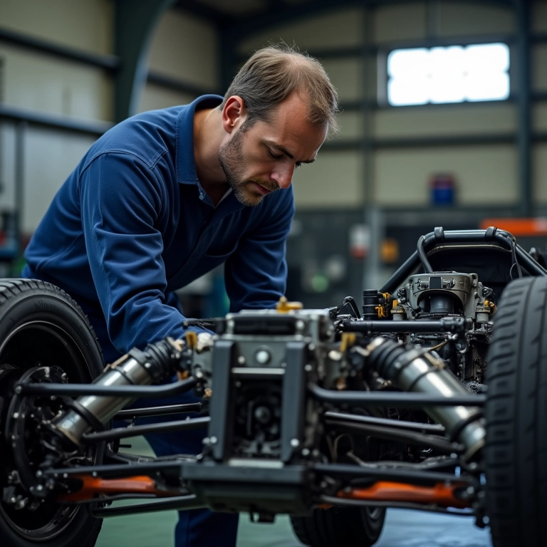 Mecânico inspecionando chassi reforçado de carro de rally.