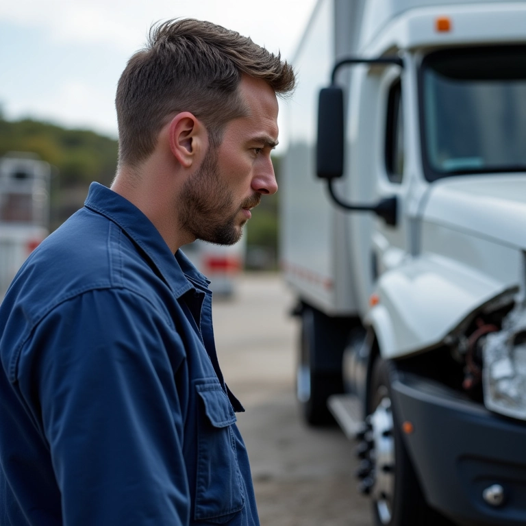 Mecânico inspecionando dano em carro após transporte.