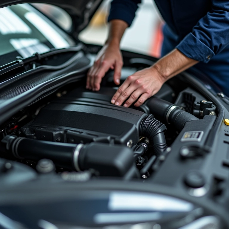 Mecânico inspecionando motor de carro elétrico, sem componentes de óleo.