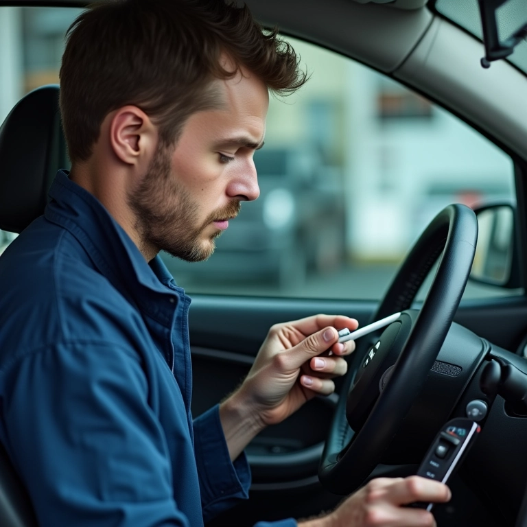 Mecânico inspecionando um airbag deflagrado em um carro após um acidente. Análise dos sensores.