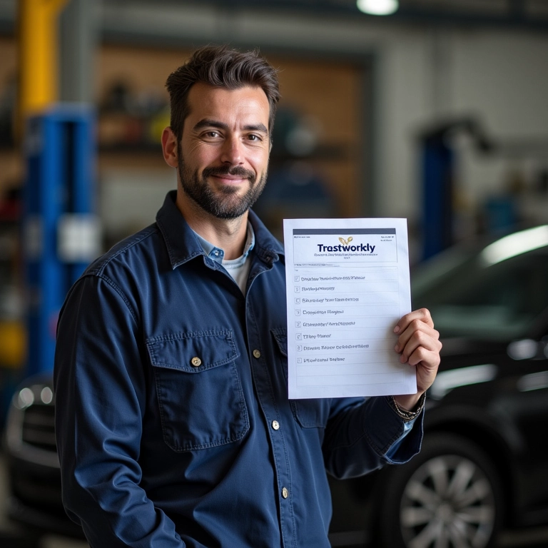 Mecânico mostrando checklist de itens de confiabilidade da oficina.
