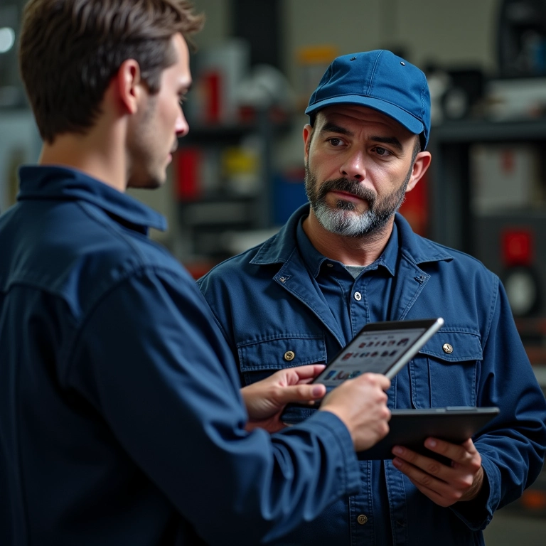 Mecânico pesquisando torquímetros online em uma oficina bem equipada.