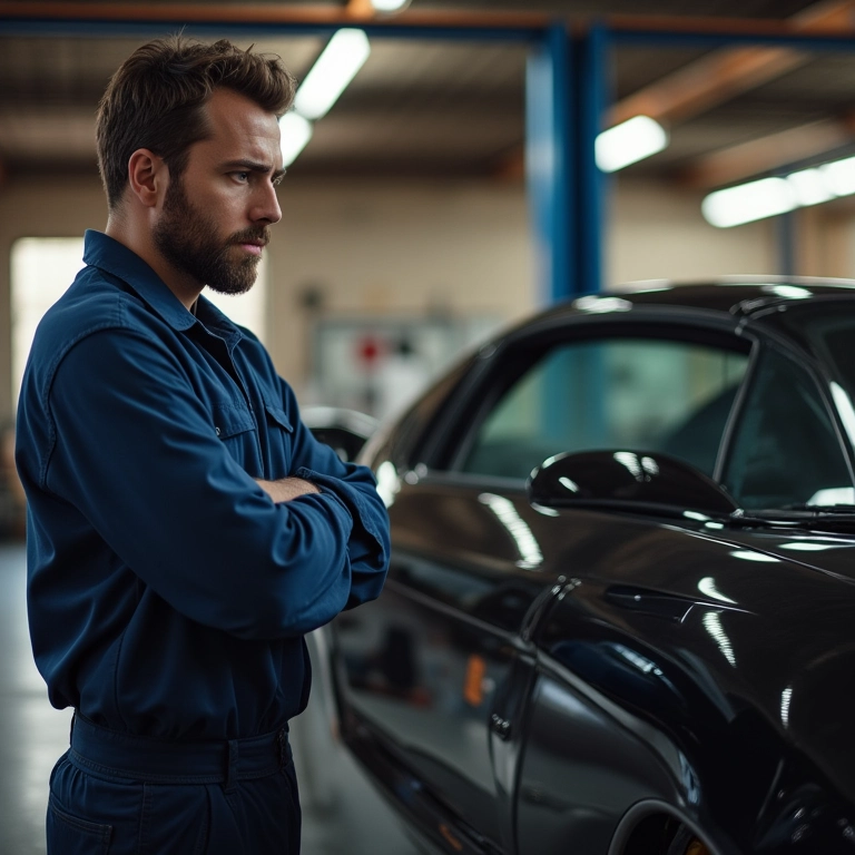 Mecânico preocupado inspecionando um carro modificado, enfatizando a importância da segurança.