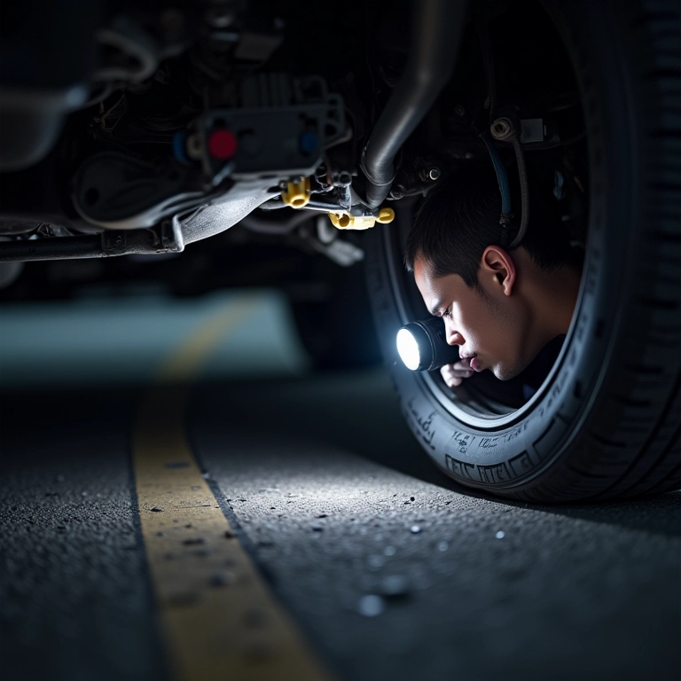 Mecânico procurando vazamento de fluido de transmissão sob um carro.