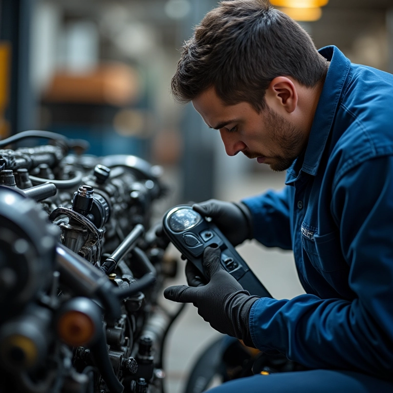 Mecânico realizando teste de compressão estático em um motor com um testador.