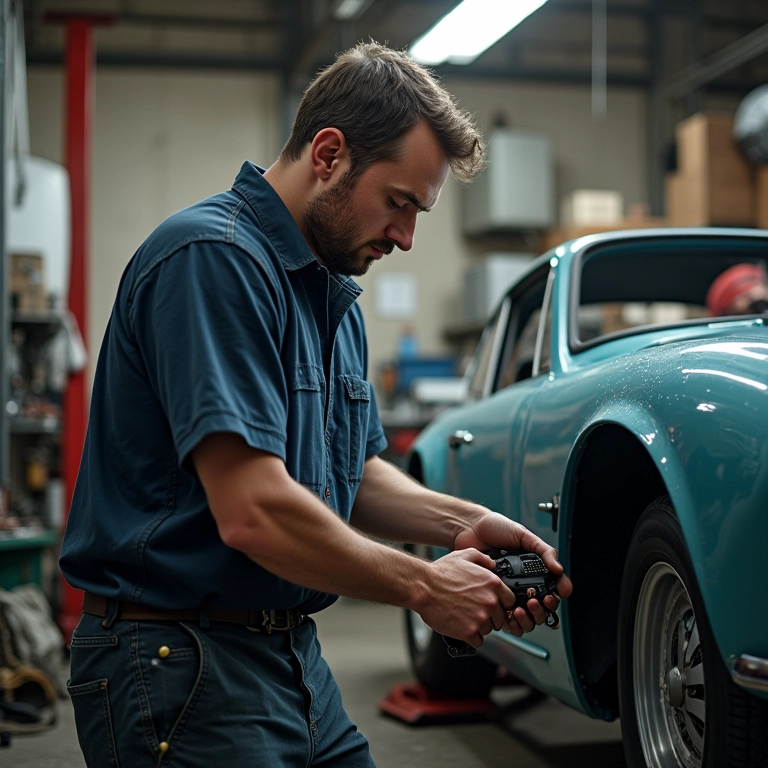 Mecânico restaurando carro antigo com cuidado, oficina.