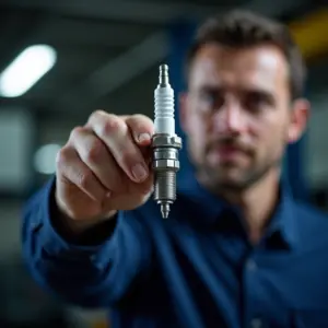 Velas de Iridium: Melhoram o Desempenho do Motor? Mecânico segurando vela de ignição de iridium em oficina bem iluminada.