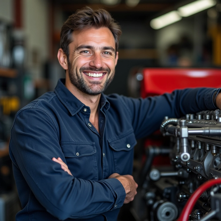 Mecânico sorrindo ao lado de um motor aspirado.