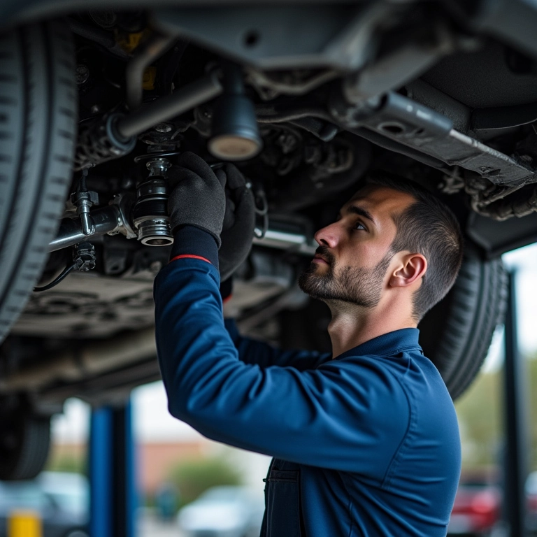 Mecânico substituindo peças da suspensão do carro.