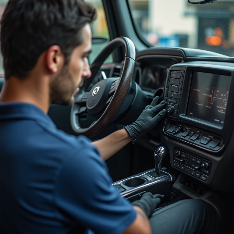 Mecânico substituindo um kit GNV em uma oficina.