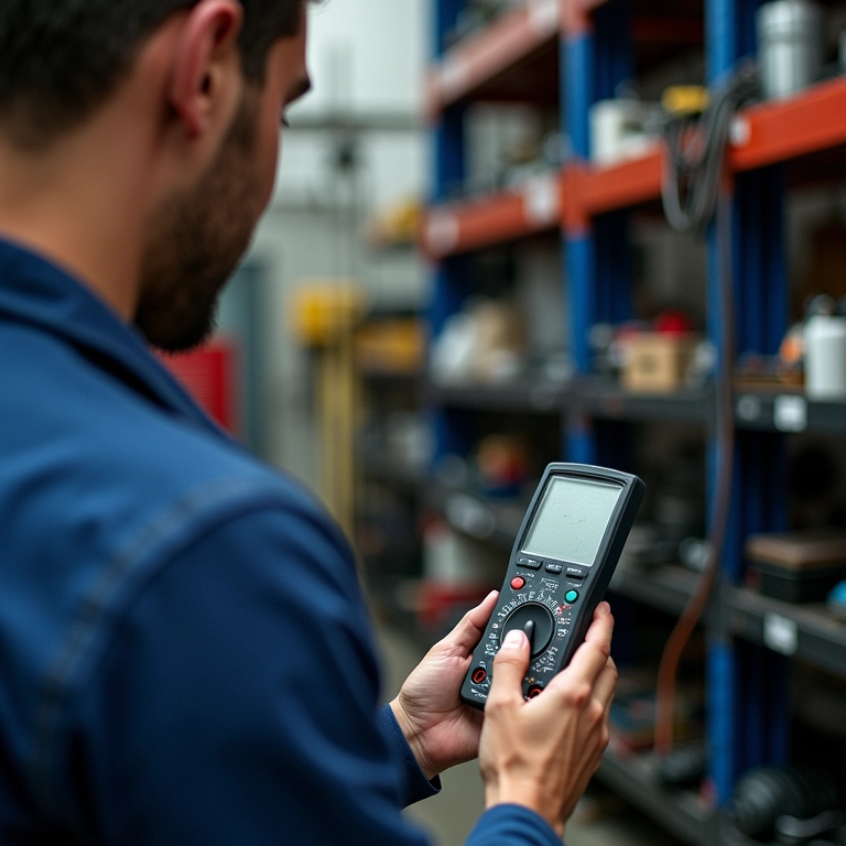Mecânico testando o cebolão do radiador com multímetro.